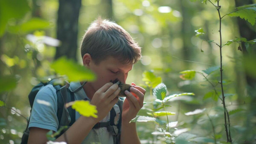 Kind riecht an Naturmaterialien