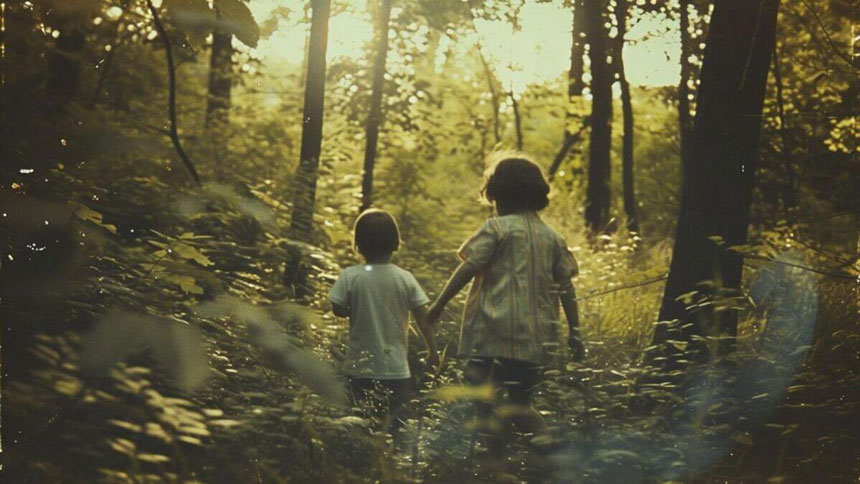 Kinder schleichen im Wald