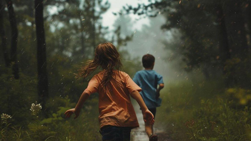 Kinder rennen durch Wald