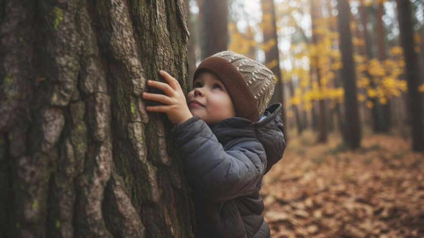 Kleines Kind umarmt Baum